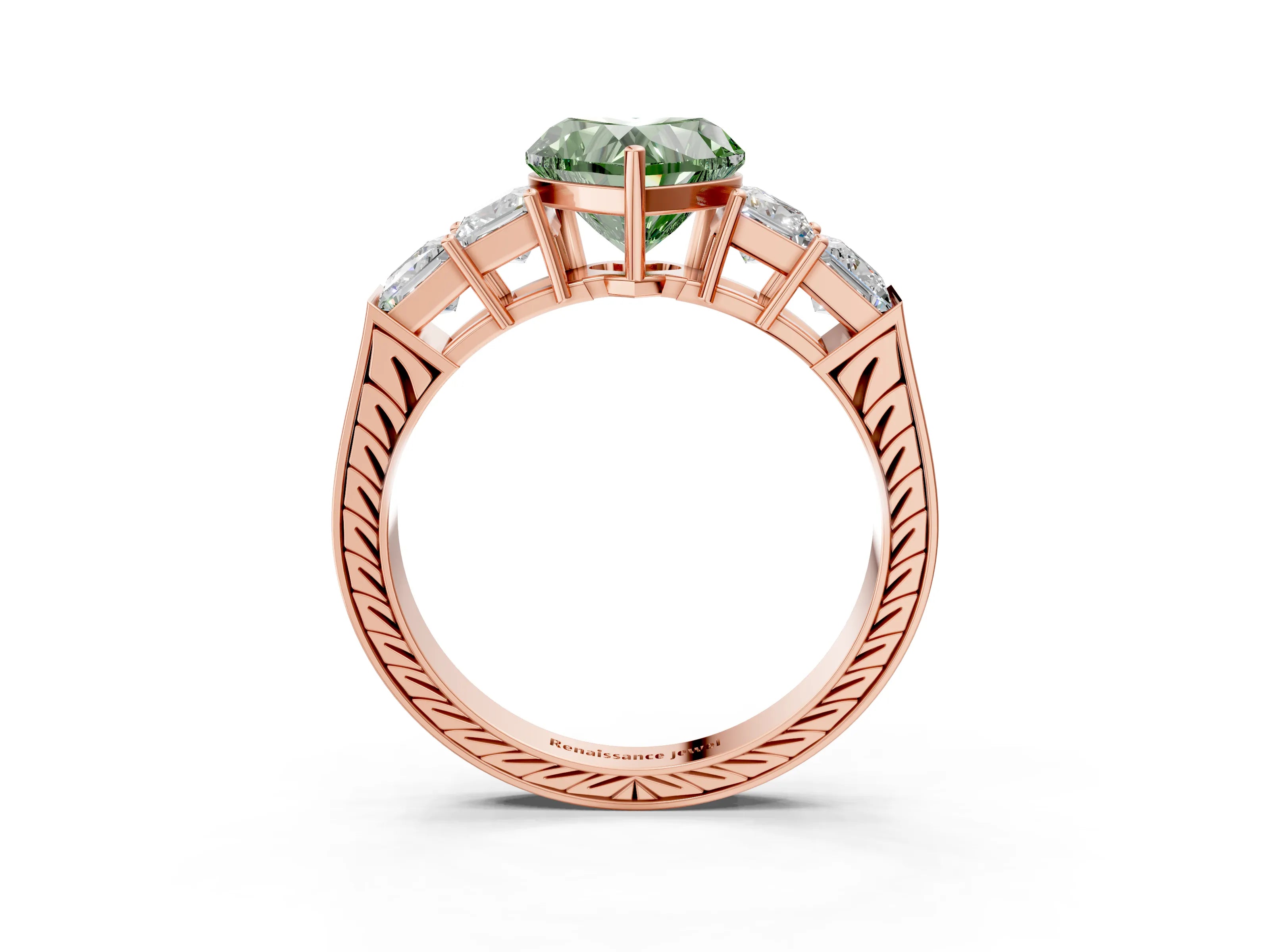 Rose gold Fancy Green Heart Cut Solitaire Princess Side Stone Engraved Band Prong Setting Ring_3
