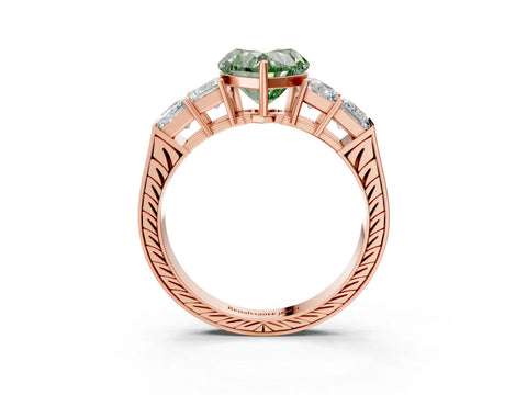 Rose gold Fancy Green Heart Cut Solitaire Princess Side Stone Engraved Band Prong Setting Ring_3