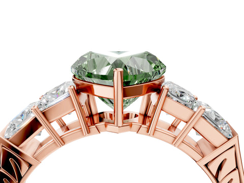 Rose gold Fancy Green Heart Cut Solitaire Princess Side Stone Engraved Band Prong Setting Ring_4