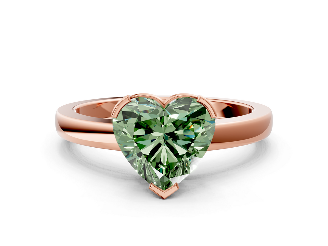Rose gold Fancy Green Heart  Cut Solitaire Ring with Four-Prong Setting and Classic Band