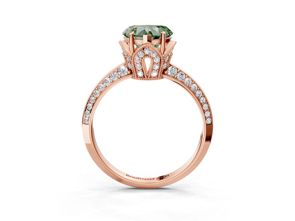 Rose Gold Heart-Shaped Graduated Pave Engagement Ring Setting for Fancy Green Center