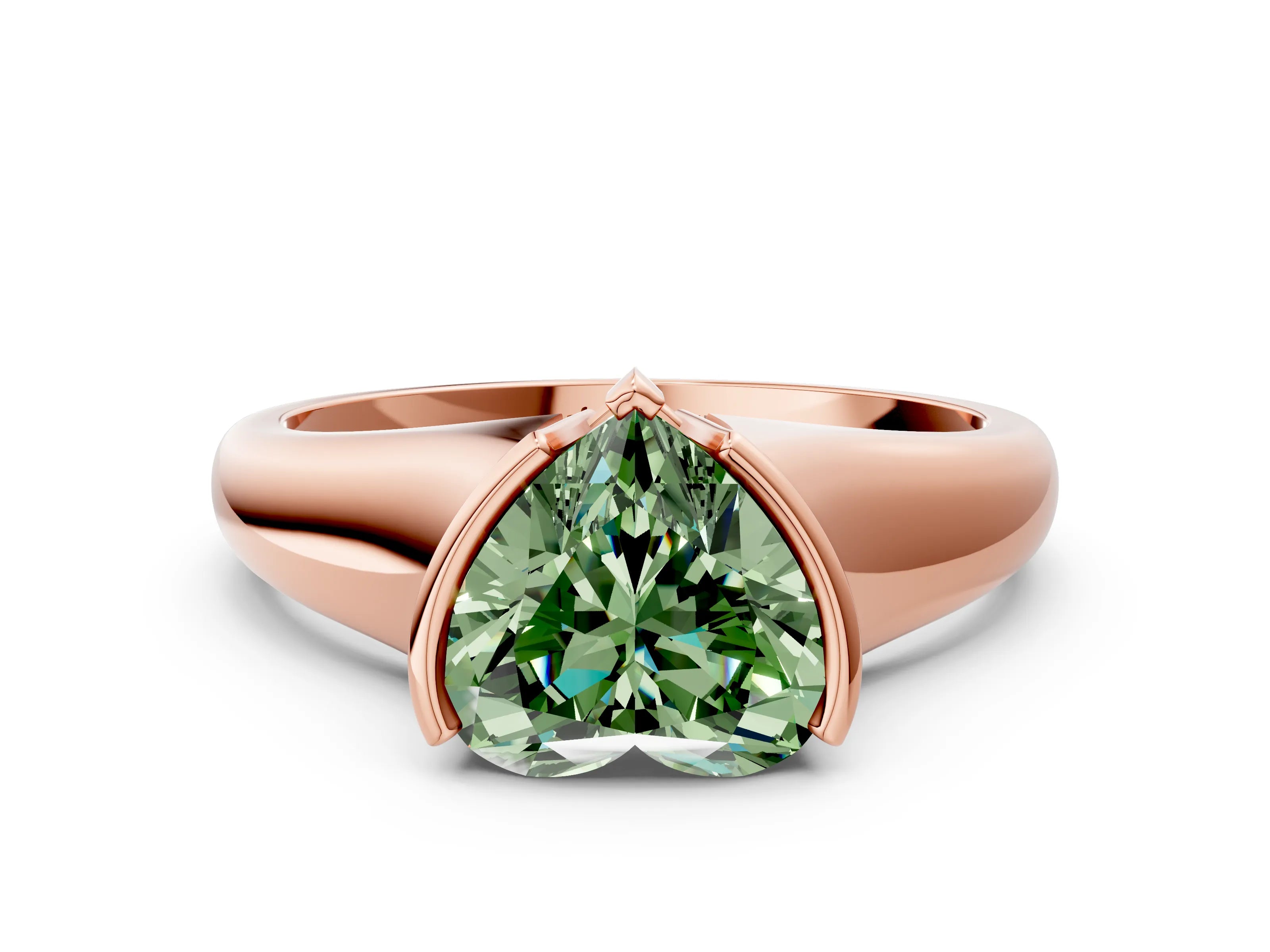 Rose gold Fancy Green Heart Cut Solitaire Tension Set Diamond Ring with Split Shank Band