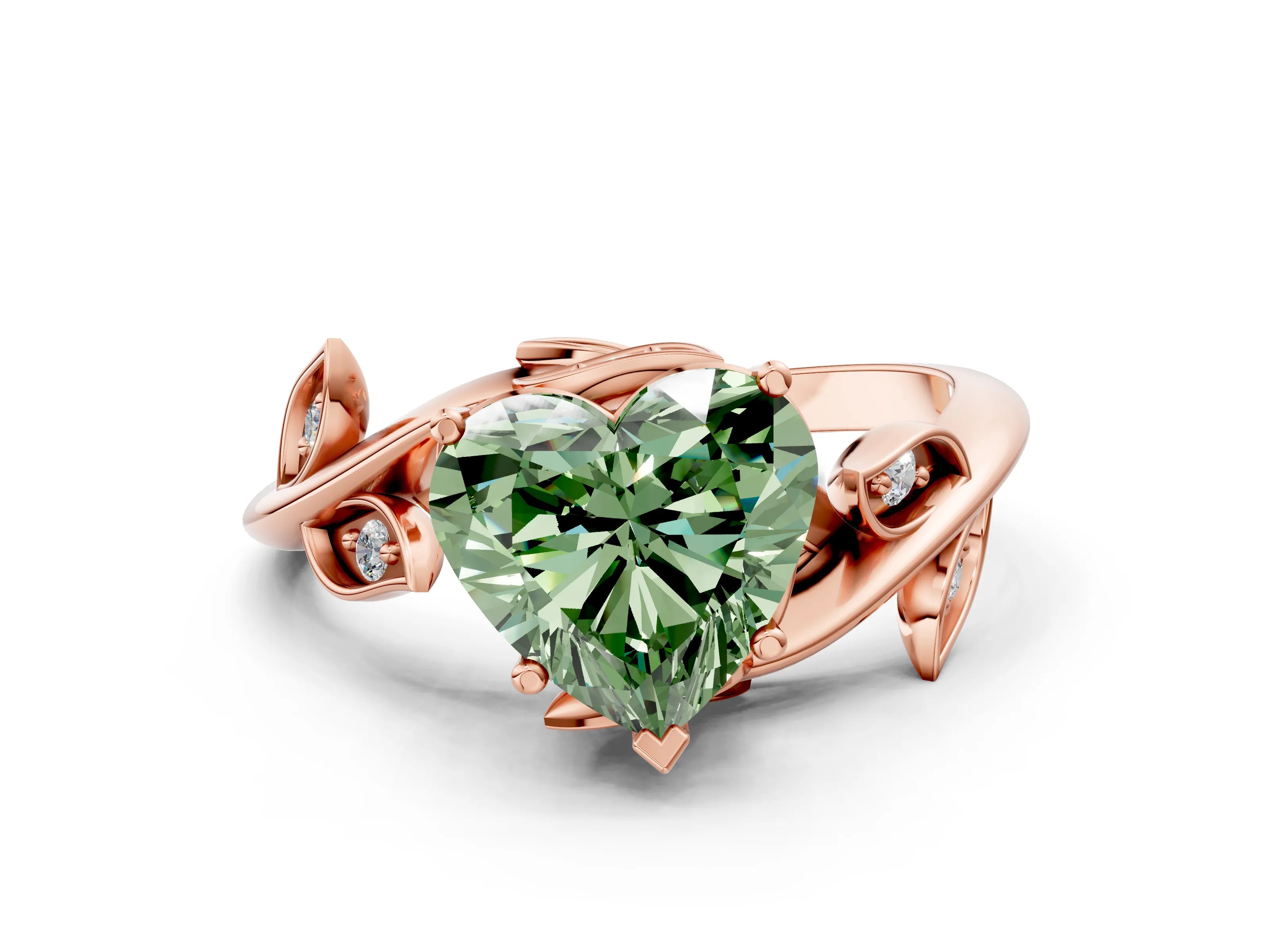 Rose gold Fancy Green Heart Cut Solitaire Twist Engagement Ring with Leaf Accents and Prong Setting_12