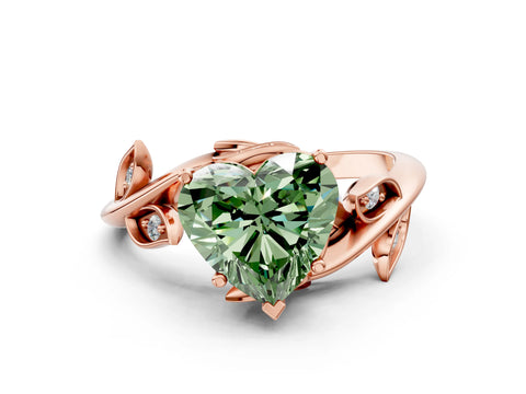 Rose gold Fancy Green Heart Cut Solitaire Twist Engagement Ring with Leaf Accents and Prong Setting_12
