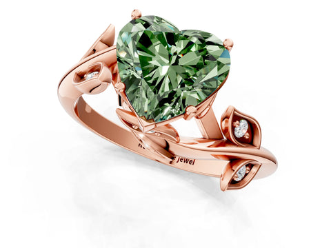 Rose gold Fancy Green Heart Cut Solitaire Twist Engagement Ring with Leaf Accents and Prong Setting_13