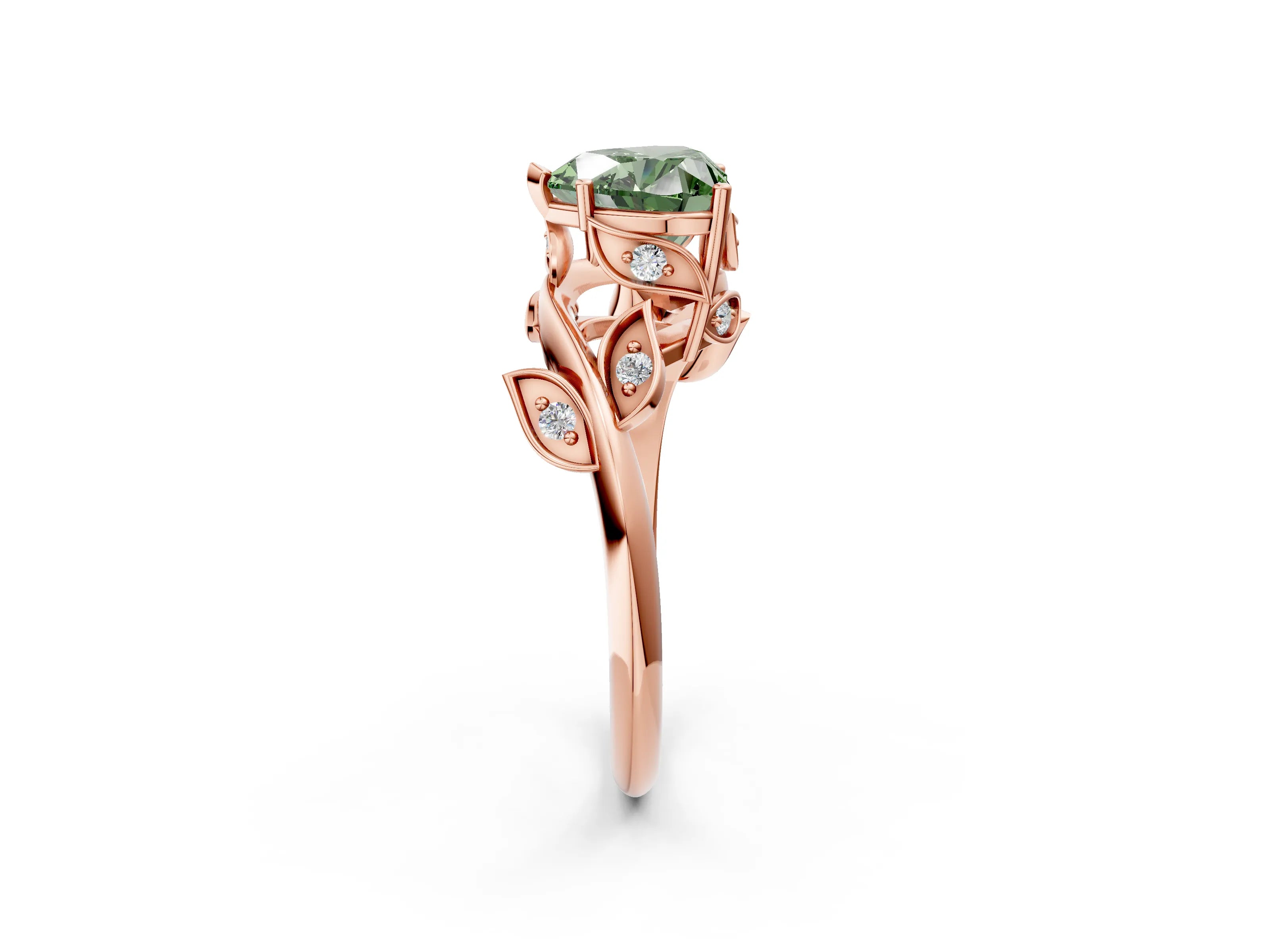 Rose gold Fancy Green Heart Cut Solitaire Twist Engagement Ring with Leaf Accents and Prong Setting_14