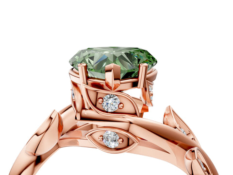 Rose gold Fancy Green Heart Cut Solitaire Twist Engagement Ring with Leaf Accents and Prong Setting_16
