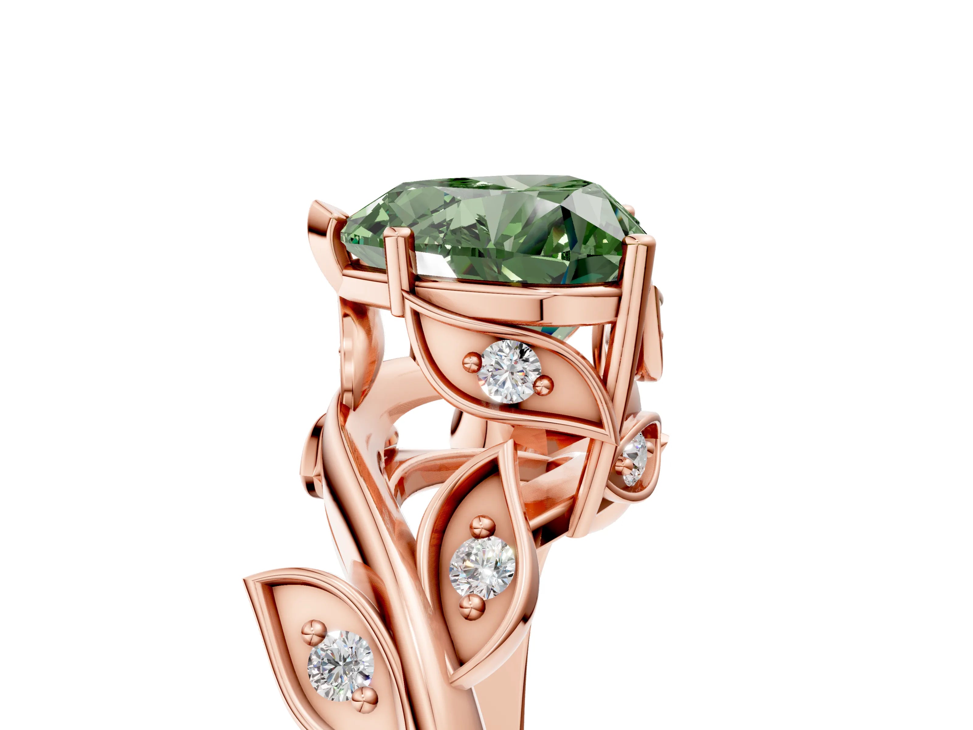 Rose gold Fancy Green Heart Cut Solitaire Twist Engagement Ring with Leaf Accents and Prong Setting_17