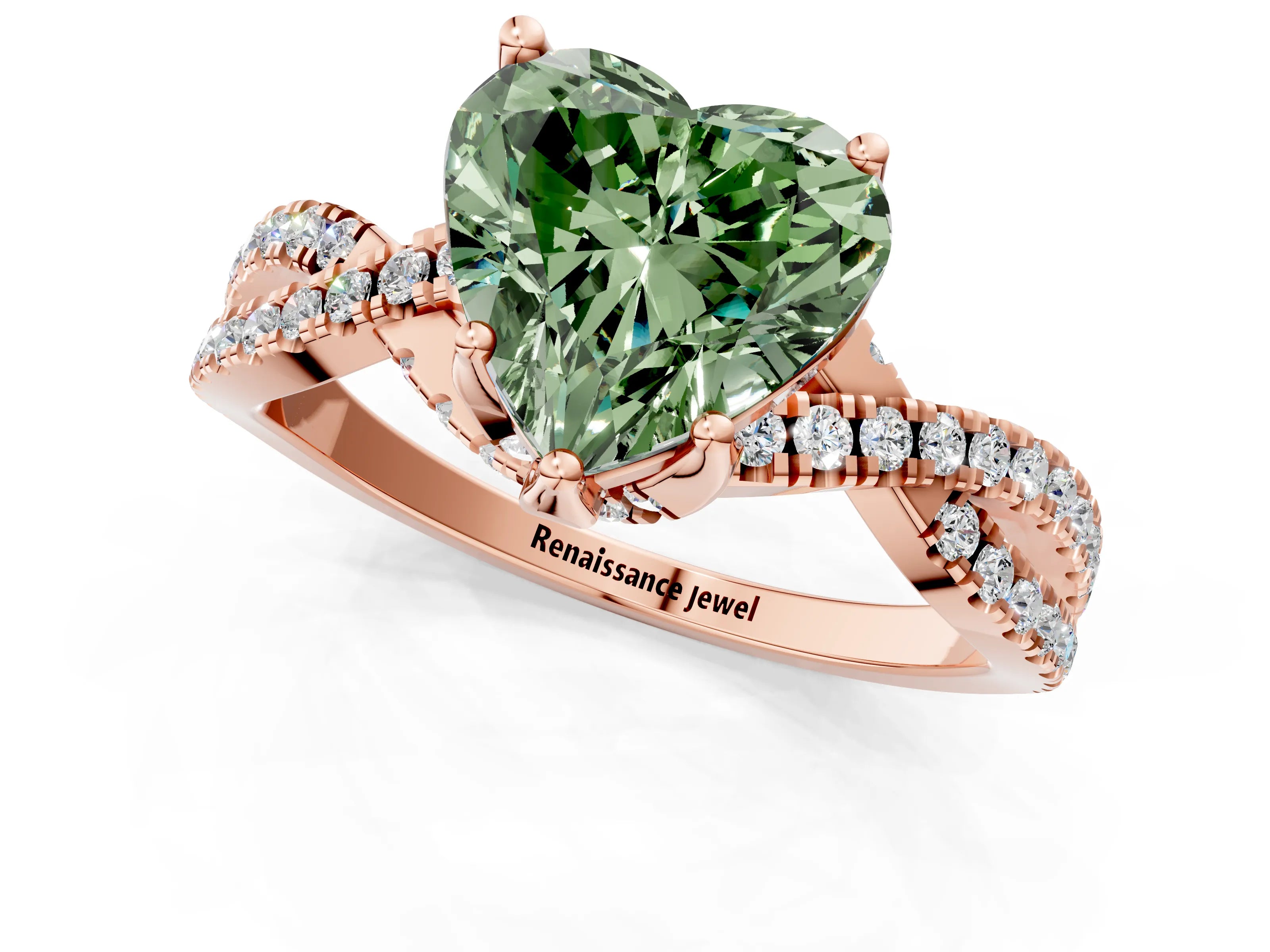 Rose gold Fancy Green Heart Cut Solitaire Twist Pave Diamond Engagement Ring with Prong Setting_1