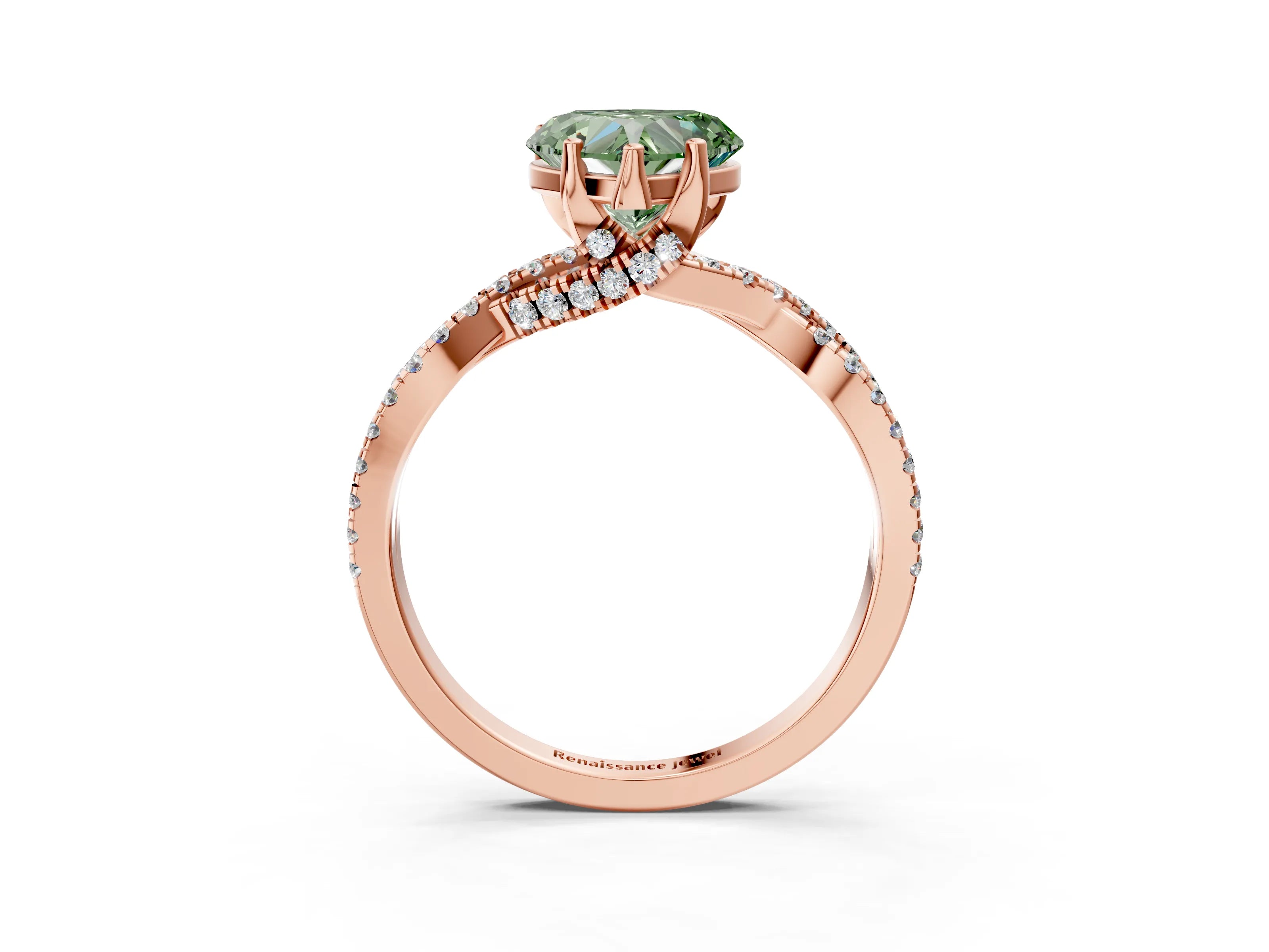 Rose gold Fancy Green Heart Cut Solitaire Twist Pave Diamond Engagement Ring with Prong Setting_3