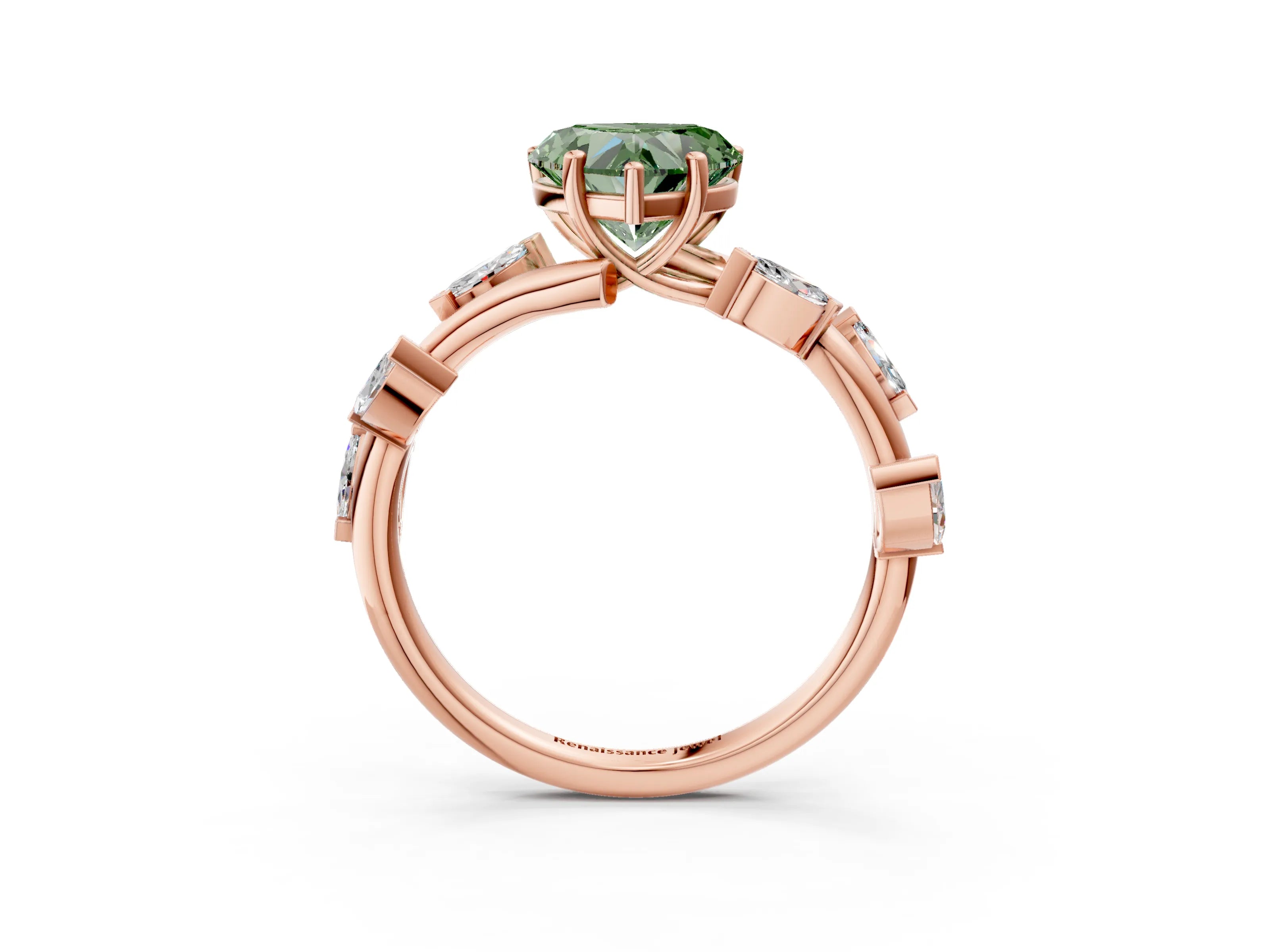 Rose gold Fancy Green Heart Cut Solitaire Twisted Band Marquise Accent Prong Setting Ring_3
