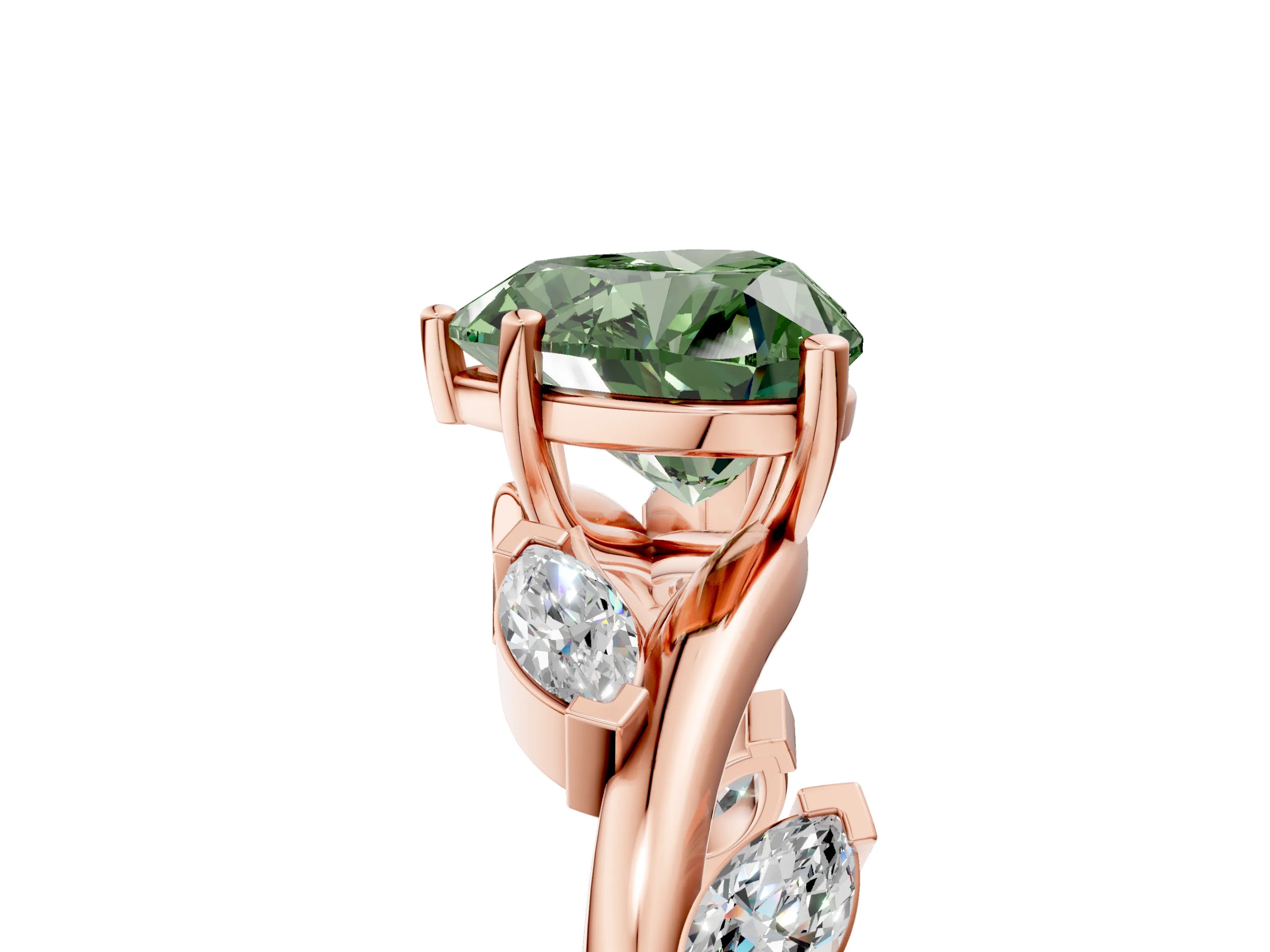 Rose gold Fancy Green Heart Cut Solitaire Twisted Band Marquise Accent Prong Setting Ring_5