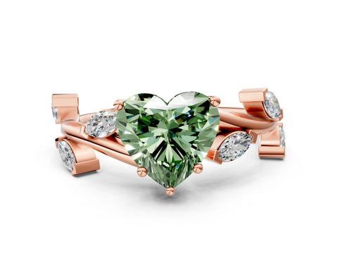 Rose gold Fancy Green Heart Cut Solitaire Twisted Band Marquise Accent Prong Setting Ring