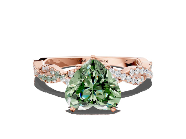 Rose gold Fancy Green Heart Cut Solitaire Twisted Pave Band with Four-Prong Setting