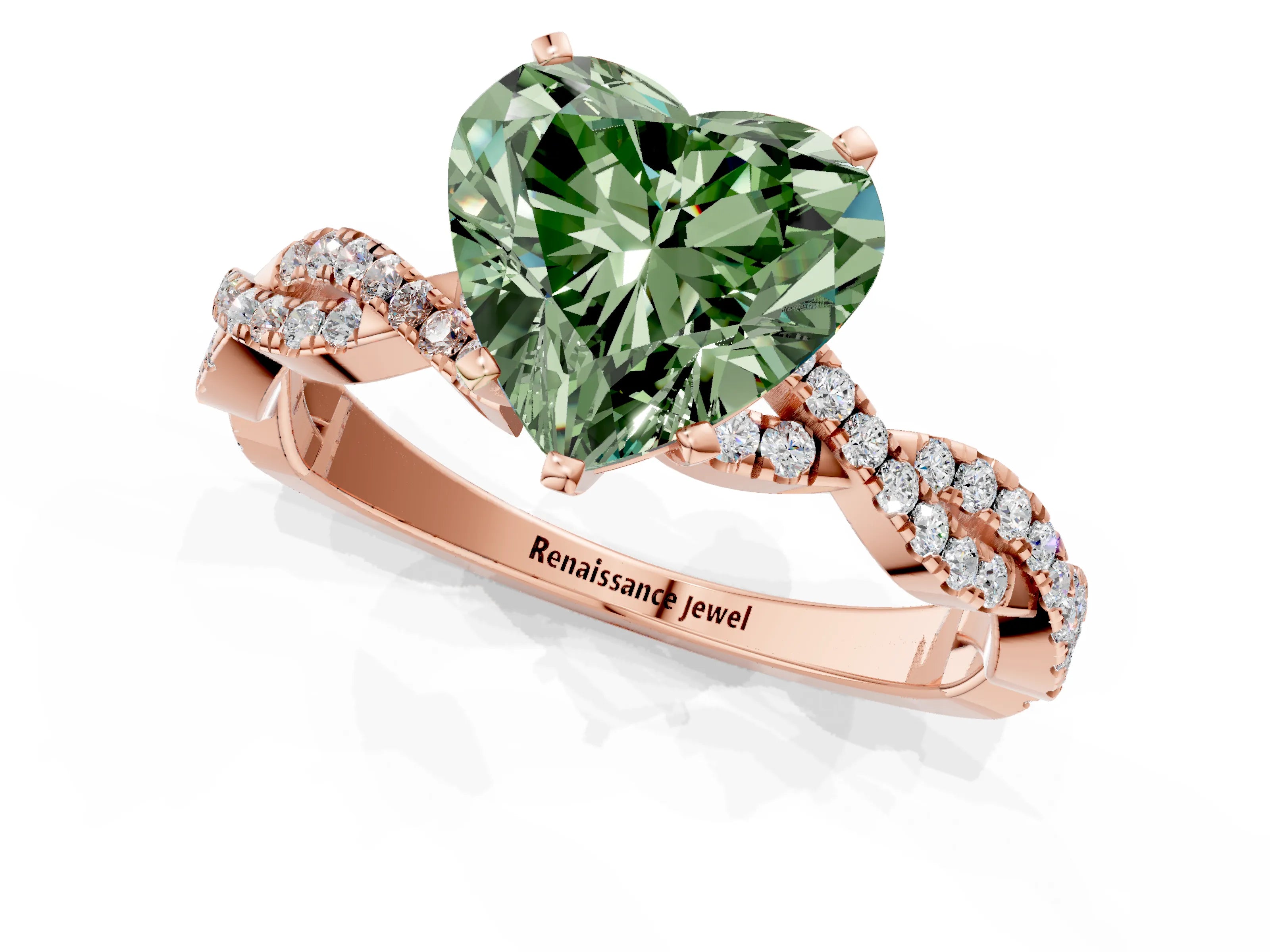 Rose gold Fancy Green Heart Cut Solitaire Twisted Pave Band with Four-Prong Setting_4