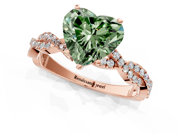 Rose gold Fancy Green Heart Cut Solitaire Twisted Pave Band with Four-Prong Setting