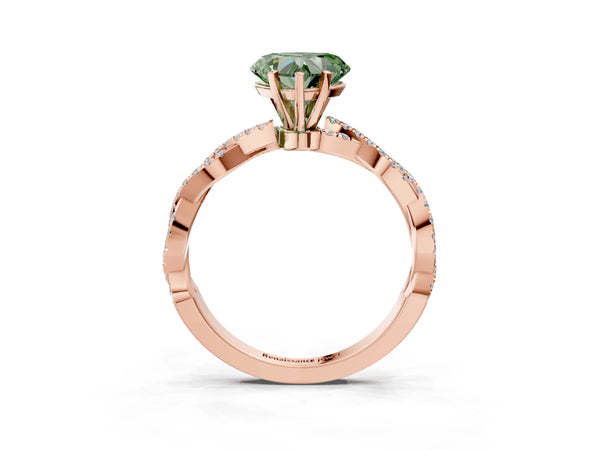 Rose gold Fancy Green Heart Cut Solitaire Twisted Pave Band with Four-Prong Setting