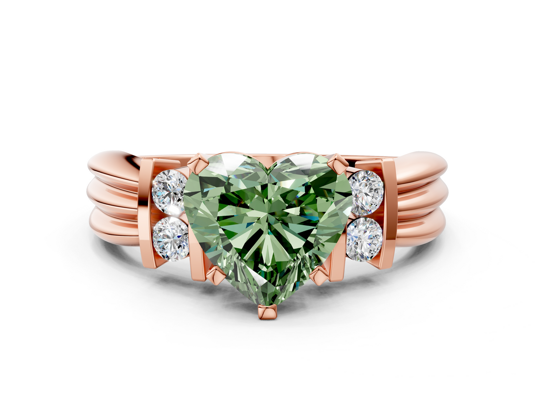 Rose gold Fancy Green Heart  Cut Three-Stone Channel Set Ring with Bar Prongs