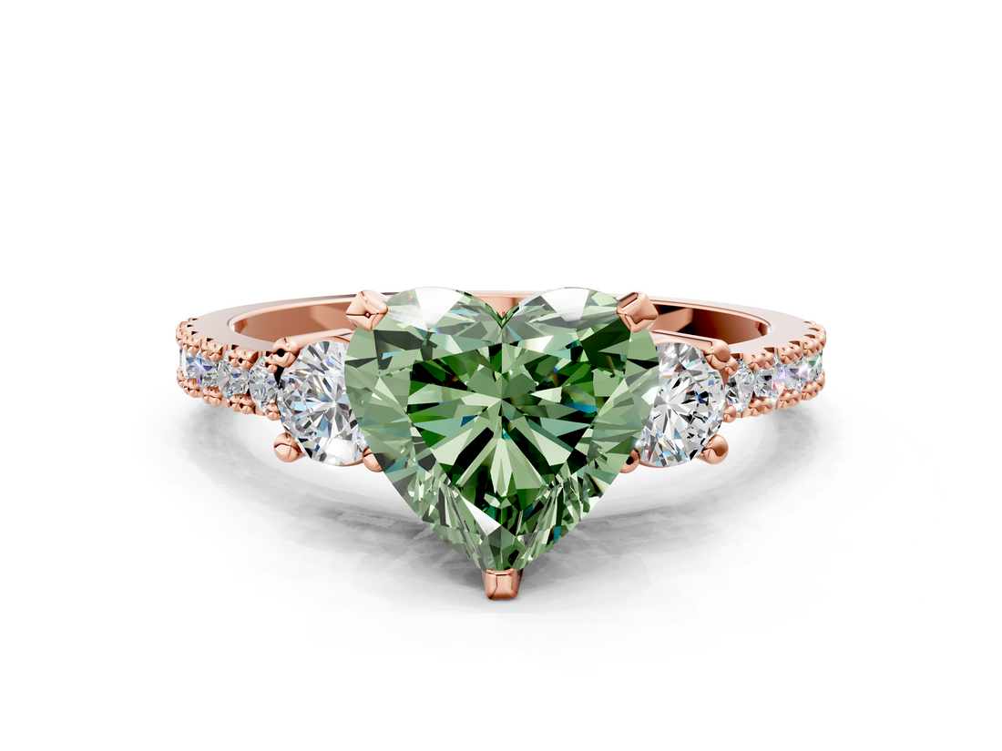Rose gold Fancy Green Heart  Cut Three-Stone Diamond Pavé Band with Prong Setting