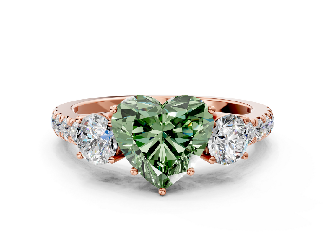 Rose gold Fancy Green Heart  Cut Three-Stone Diamond Pave Band with Prong Setting_17