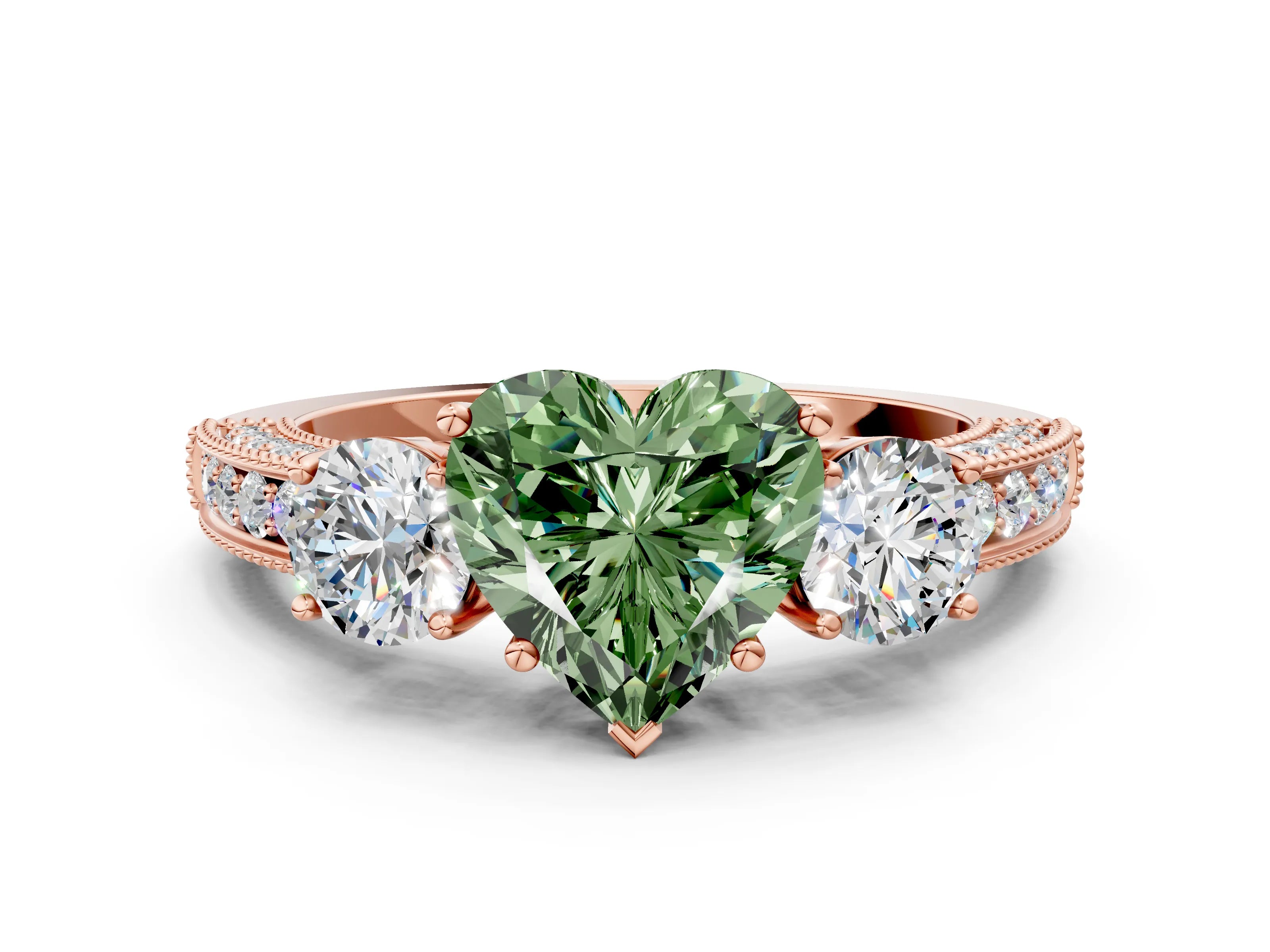 Rose gold Fancy Green Heart Cut Three-Stone Diamond Ring with Pavé Band and Four-Prong Setting