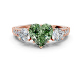 Rose gold Fancy Green Heart Cut Three-Stone Diamond Ring with Pavé Band and Four-Prong Setting