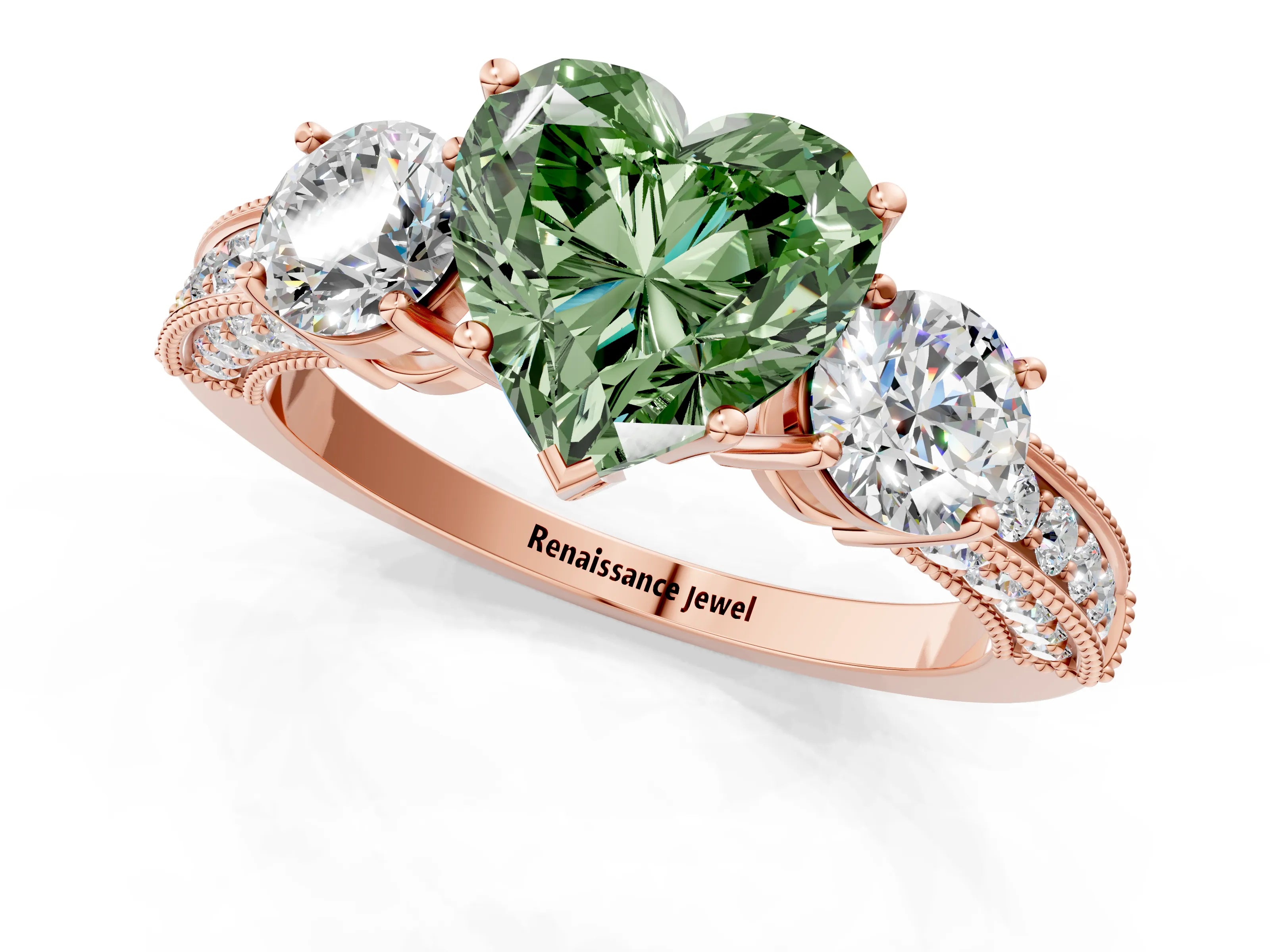 Rose gold Fancy Green Heart Cut Three-Stone Diamond Ring with Pavé Band and Four-Prong Setting_1