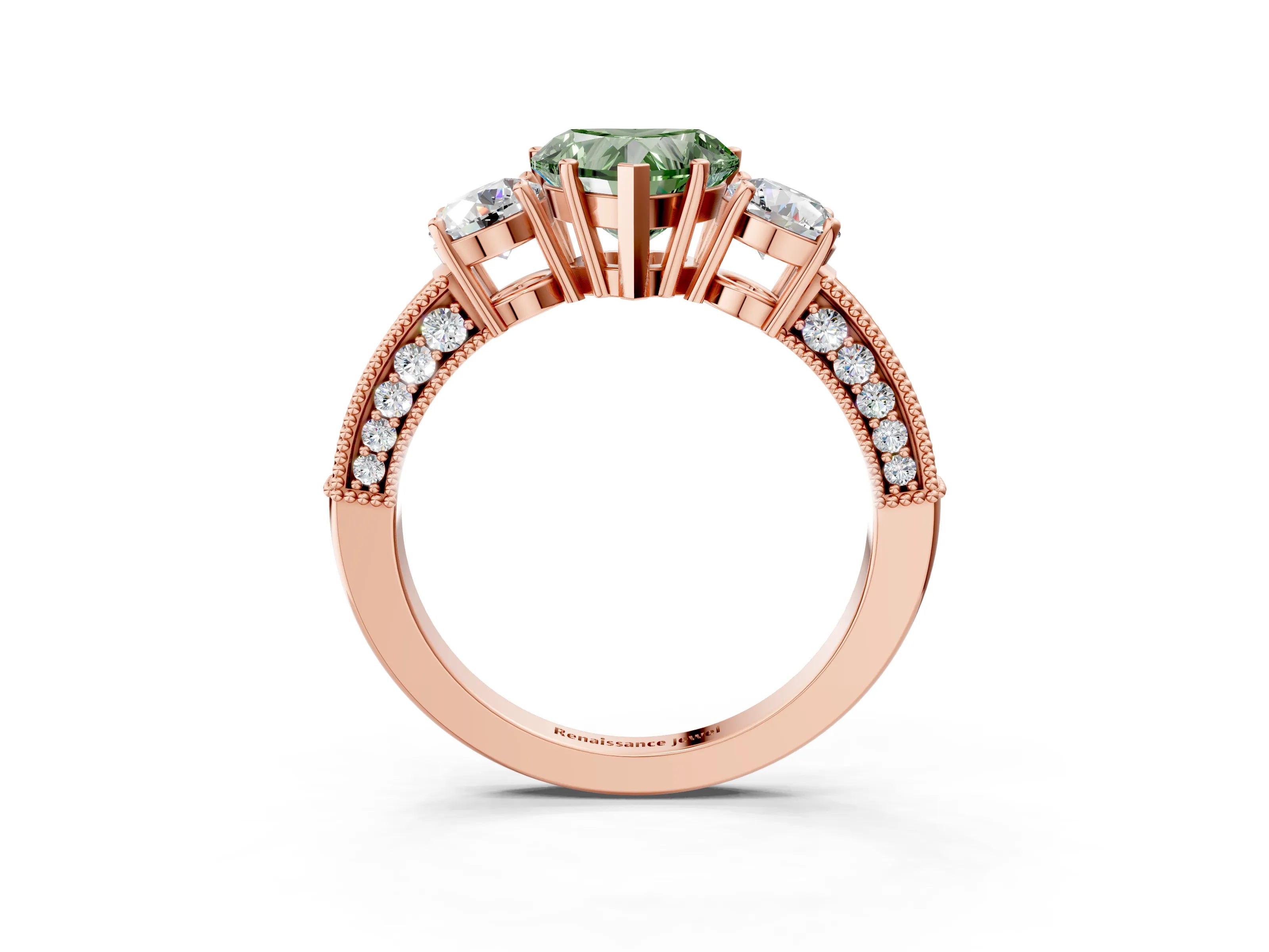 Rose gold Fancy Green Heart Cut Three-Stone Diamond Ring with Pavé Band and Four-Prong Setting_3