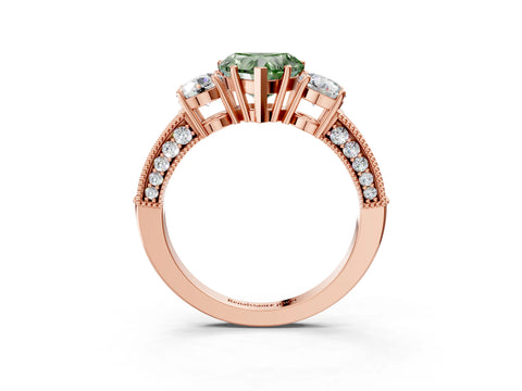 Rose gold Fancy Green Heart Cut Three-Stone Diamond Ring with Pavé Band and Four-Prong Setting_3