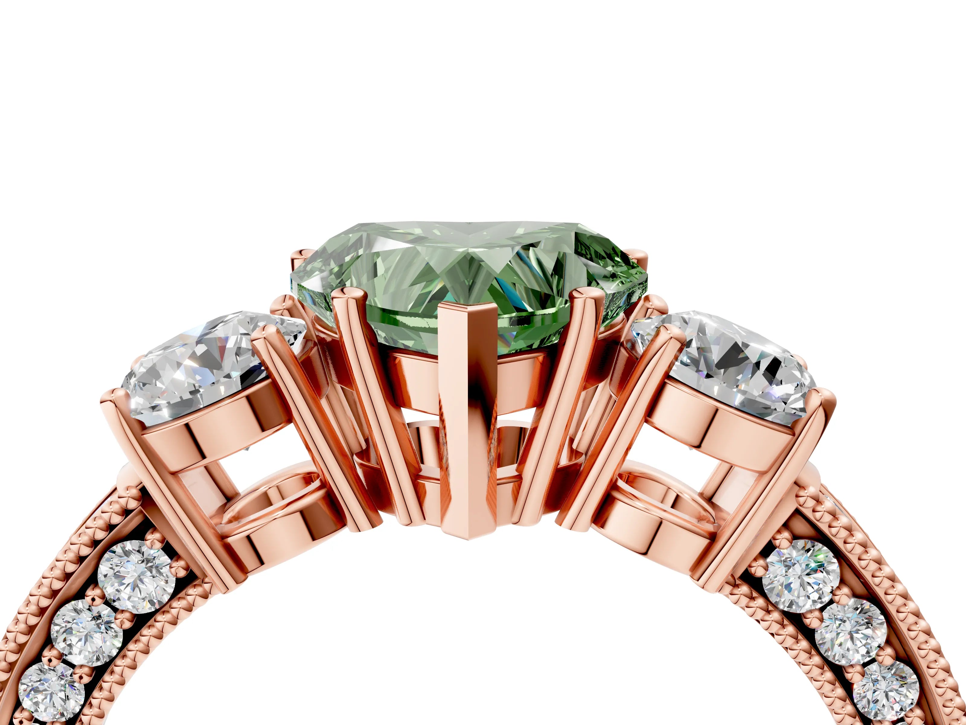Rose gold Fancy Green Heart Cut Three-Stone Diamond Ring with Pavé Band and Four-Prong Setting_4