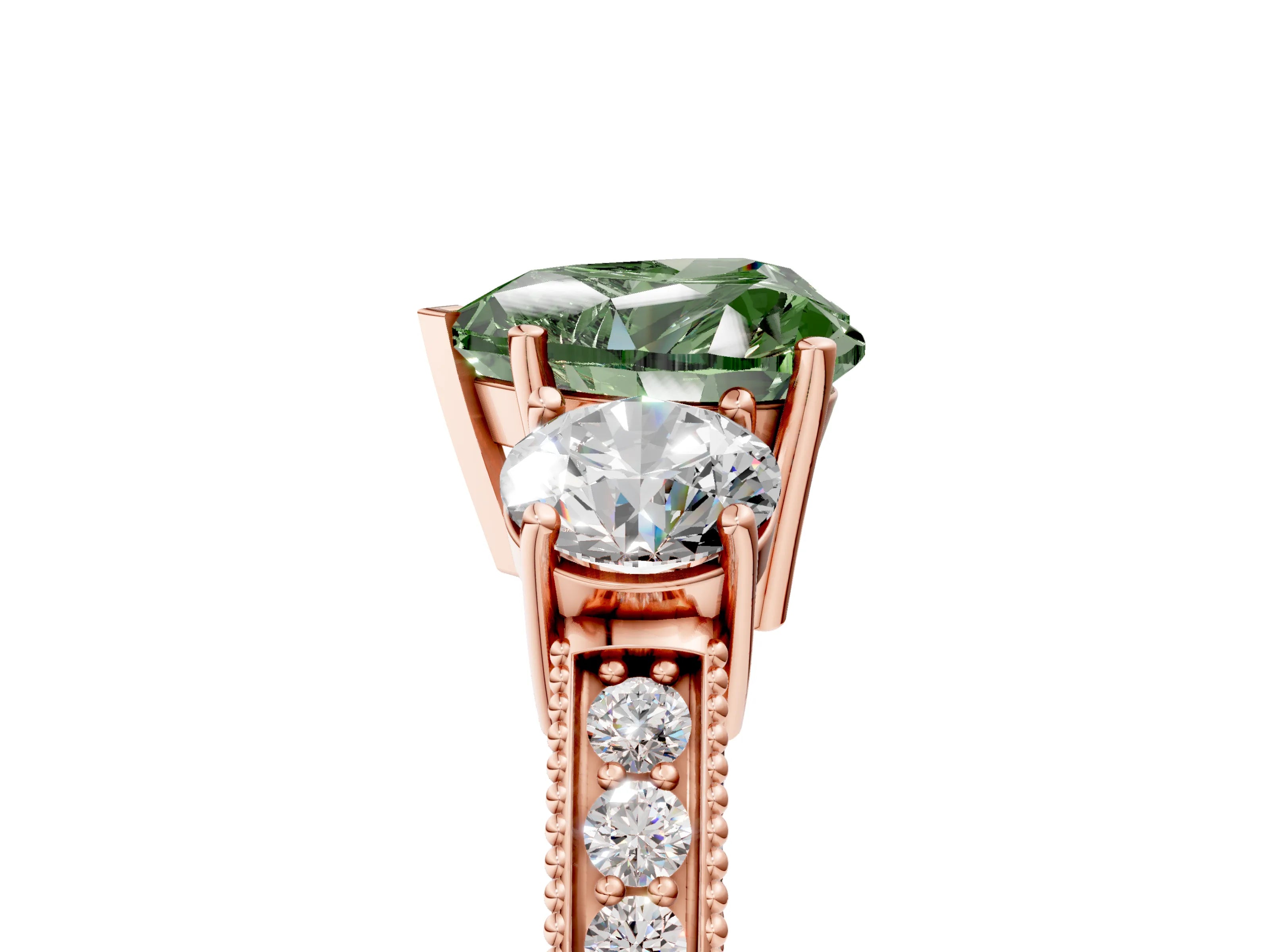 Rose gold Fancy Green Heart Cut Three-Stone Diamond Ring with Pavé Band and Four-Prong Setting_5