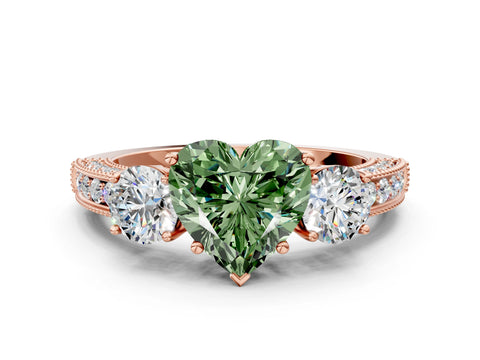 Rose gold Fancy Green Heart Cut Three-Stone Diamond Ring with Pavé Band and Four-Prong Setting