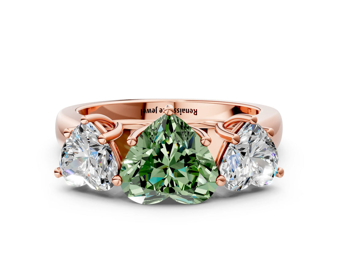 Rose gold Fancy Green Heart Cut Three-Stone Diamond Ring with Prong Setting on a Classic Band_12