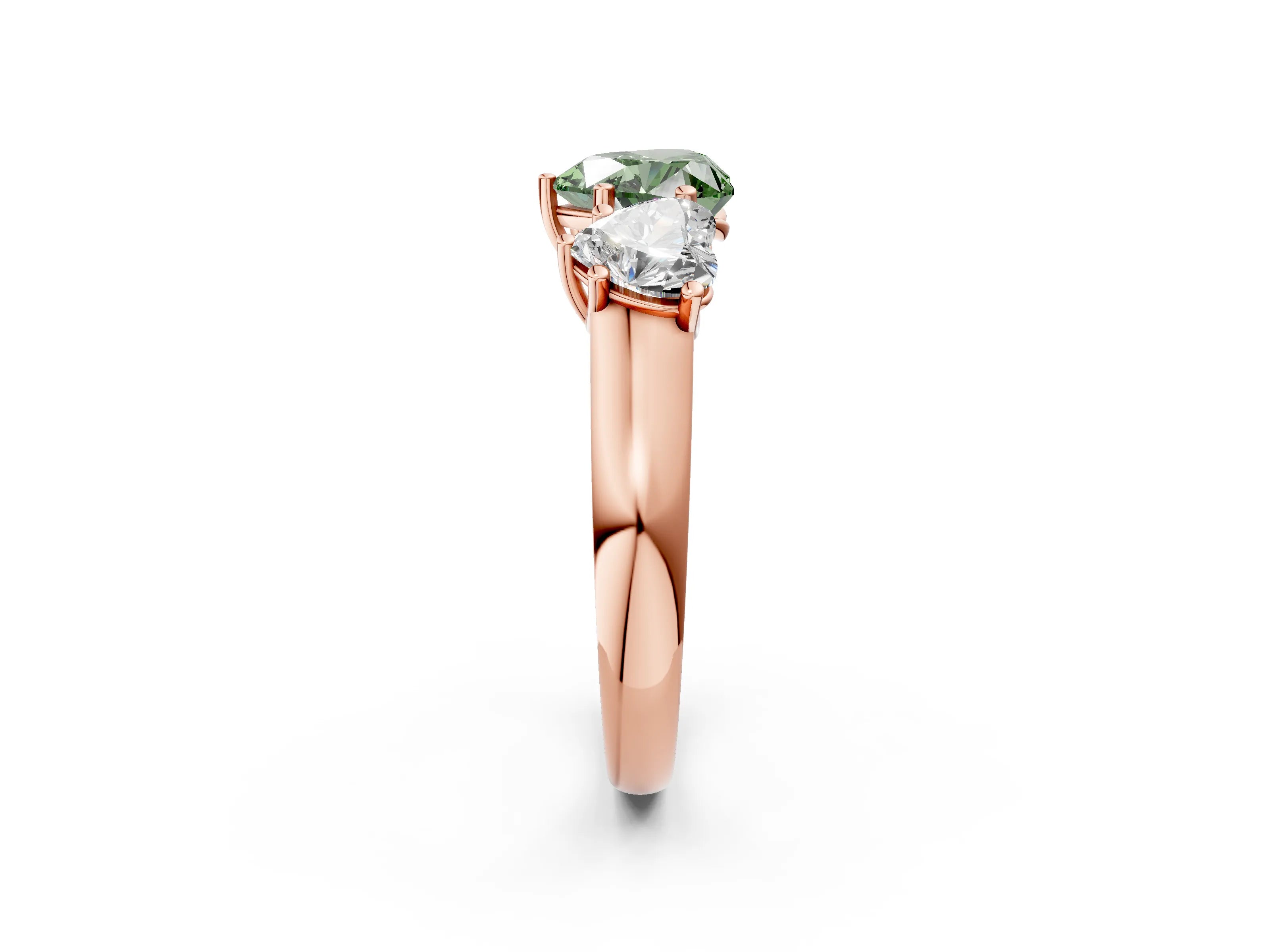 Rose gold Fancy Green Heart Cut Three-Stone Diamond Ring with Prong Setting on a Classic Band_2