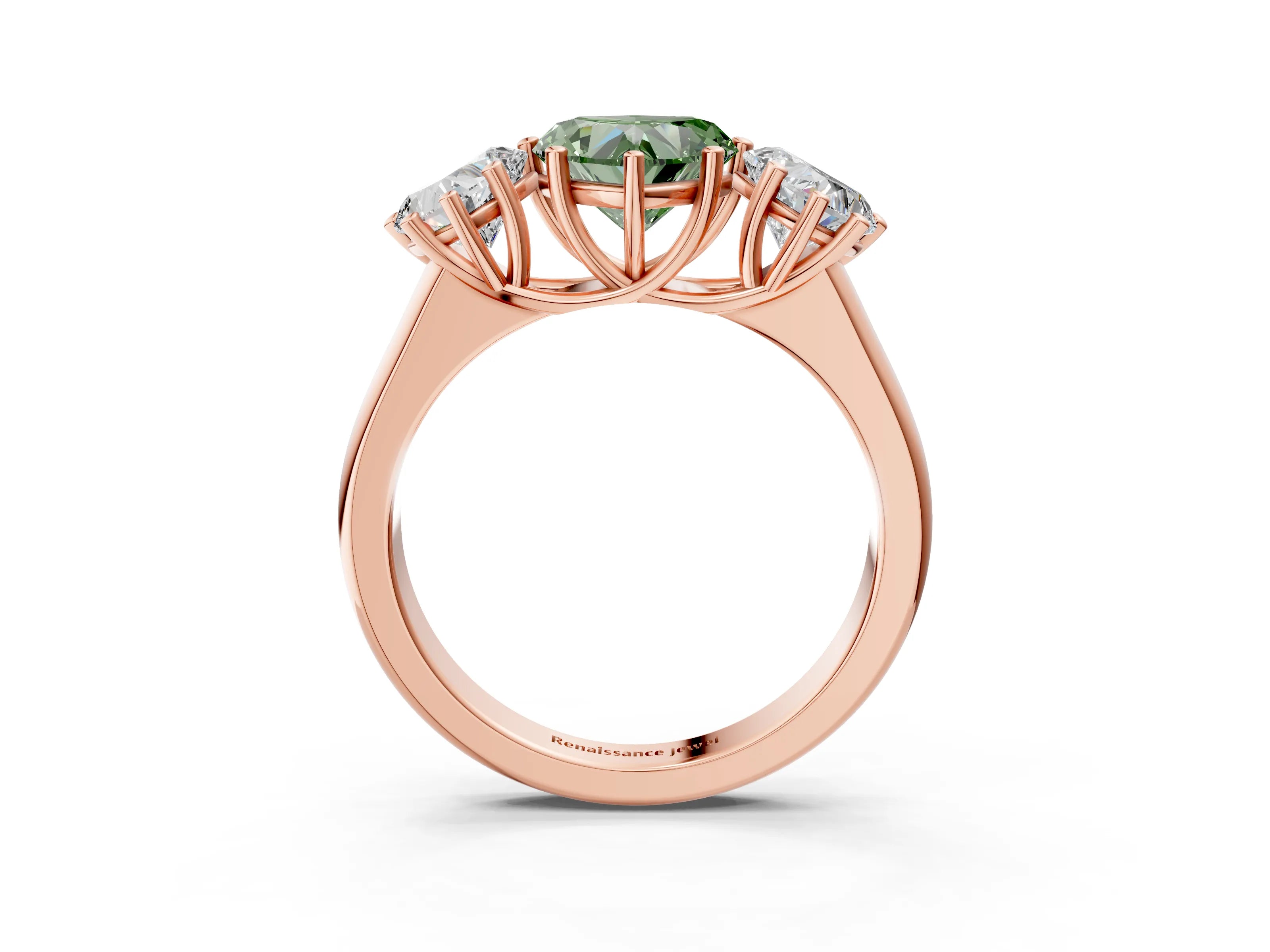 Rose gold Fancy Green Heart Cut Three-Stone Diamond Ring with Prong Setting on a Classic Band_3