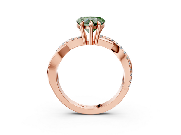 Rose gold Fancy Green Heart  Cut Twist Band Solitaire Diamond Ring with Pavé Setting