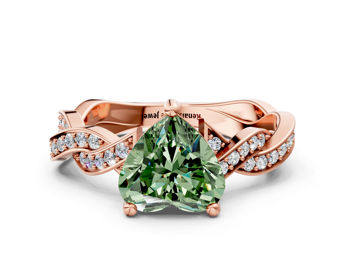 Rose gold Fancy Green Heart  Cut Twisted Pavé Band Solitaire Ring with Four-Prong Setting