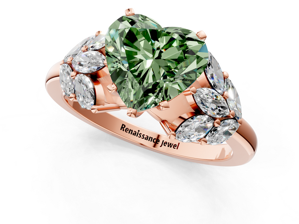 Rose Gold Heart-Shaped Cluster Leaf Engagement Ring Setting for Fancy Green Center