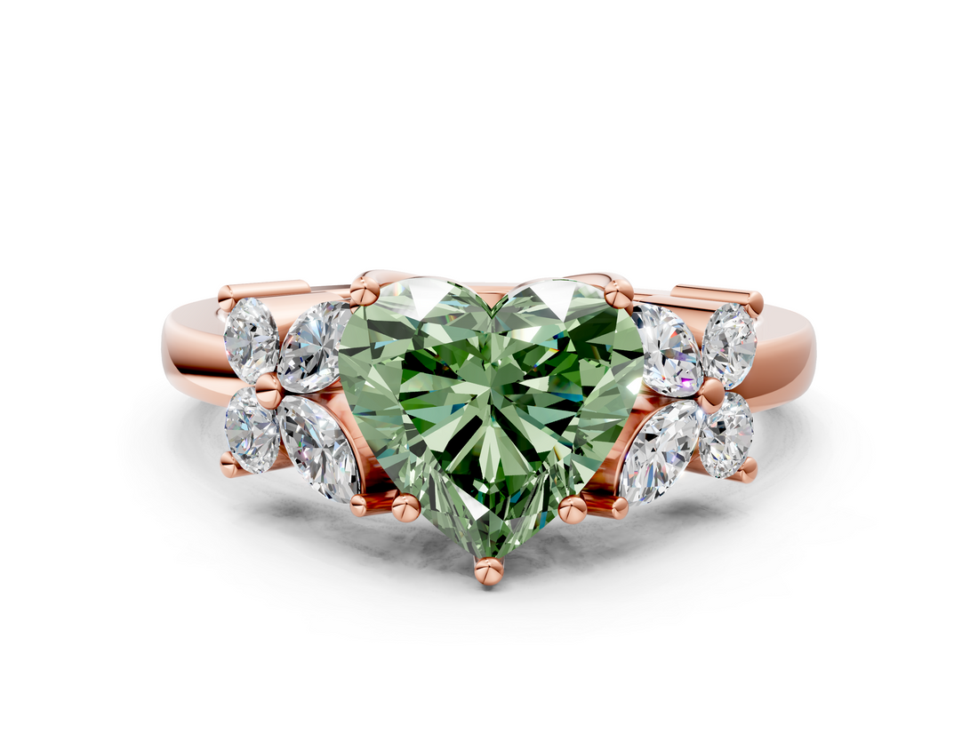 Rose gold Fancy Green Heart  Diamond Floral Cluster Ring with Solitaire Band and Prong Setting