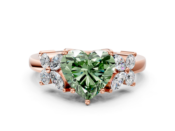 Rose gold Fancy Green Heart  Diamond Floral Cluster Ring with Solitaire Band and Prong Setting