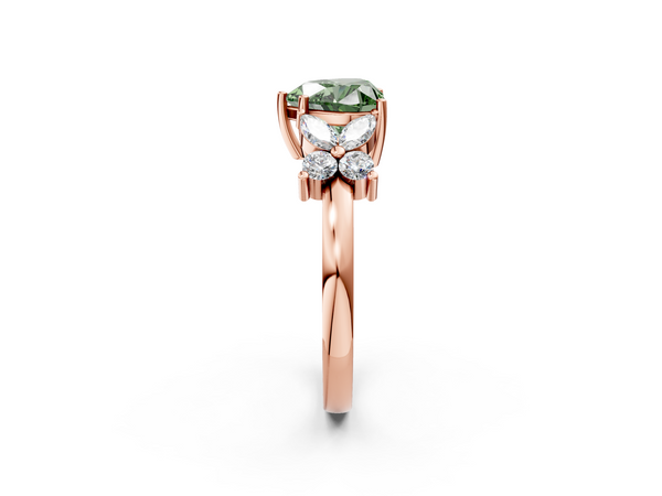 Rose gold Fancy Green Heart  Diamond Floral Cluster Ring with Solitaire Band and Prong Setting