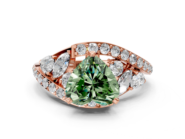 Rose gold Fancy Green Heart  Diamond Halo Ring with Marquise and Pavé Band in Prong Setting