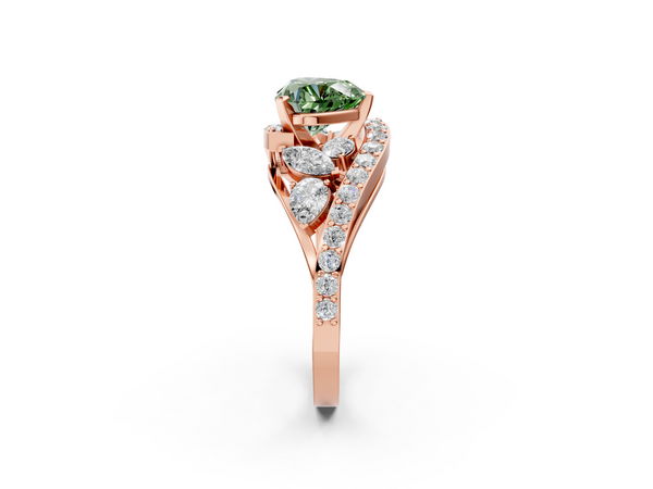 Rose gold Fancy Green Heart  Diamond Halo Ring with Marquise and Pavé Band in Prong Setting