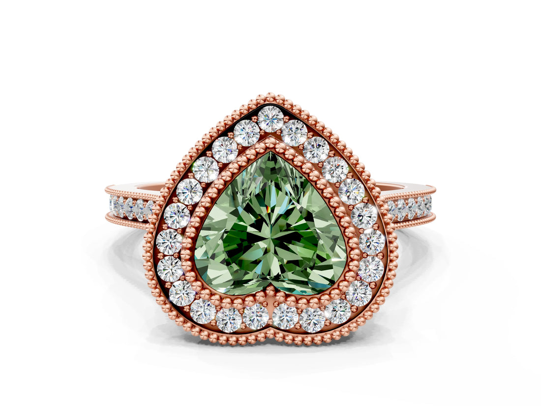 Rose gold Fancy Green Heart  Diamond Halo Ring with Milgrain Frame and Pavé Band_23