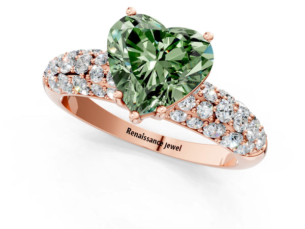 Rose gold Fancy Green Heart  Diamond Pavé Band Solitaire Ring with Four-Prong Setting