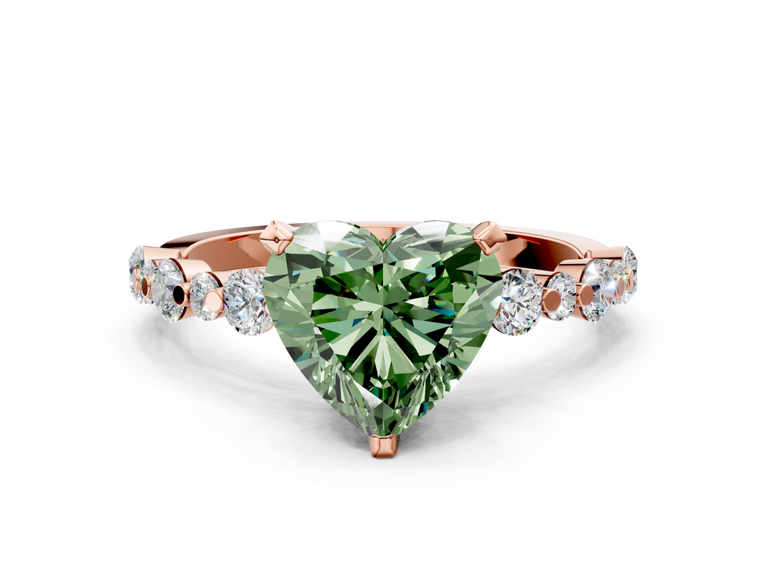 Rose gold Fancy Green Heart  Diamond Prong Set Engagement Ring with Pave Band