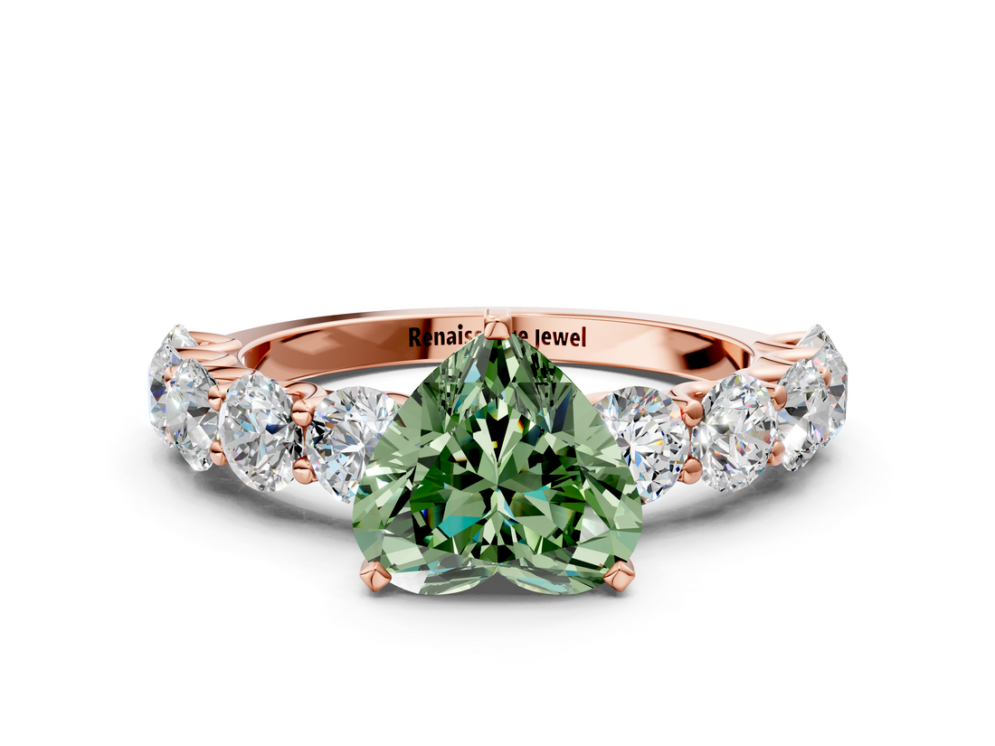 Rose gold Fancy Green Heart  Diamond Prong Setting with Side Stones on a Pave Band