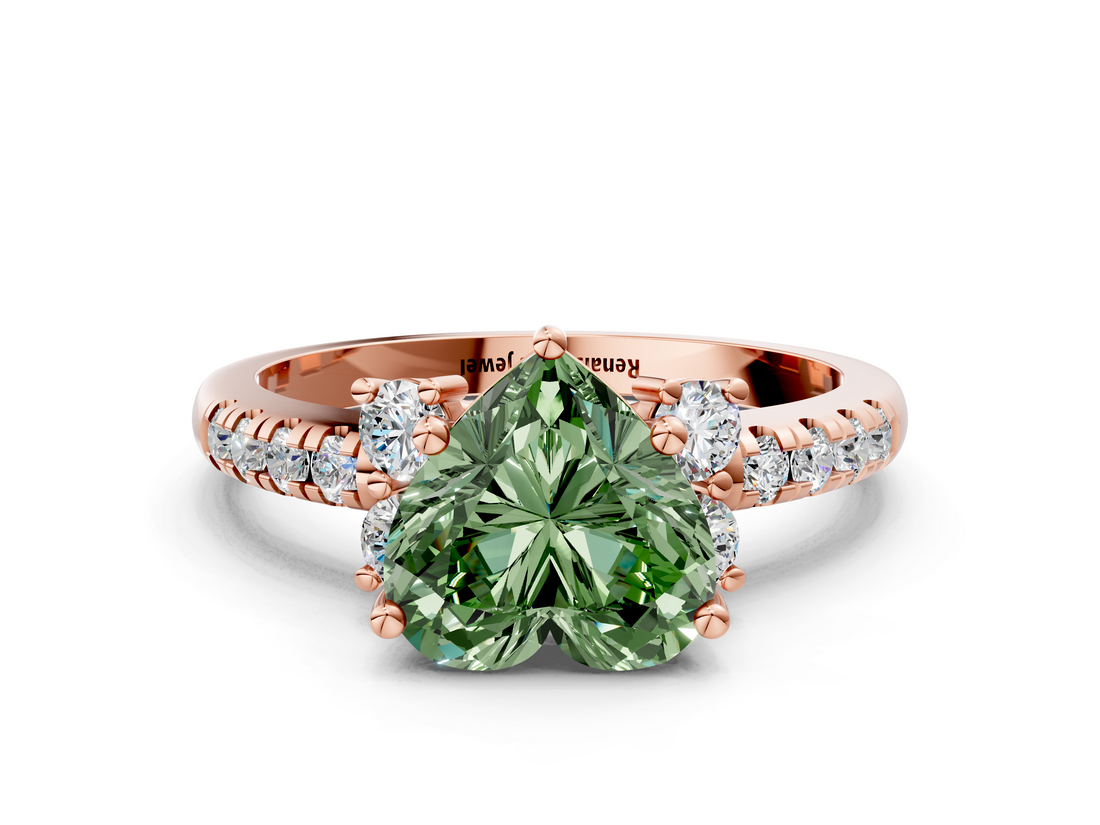 Rose gold Fancy Green Heart  Diamond Three-Stone Pave Band with Four-Prong Setting