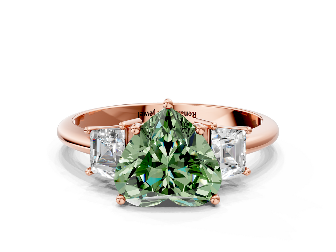 Rose gold Fancy Green Heart  Diamond Three-Stone Ring with Trapezoid Side Stones and Prong Setting