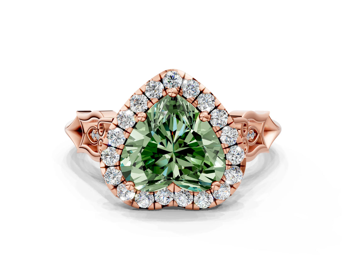 Rose gold Fancy Green Heart  Halo Diamond Engagement Ring with Filigree Band and Four-Prong Setting_81
